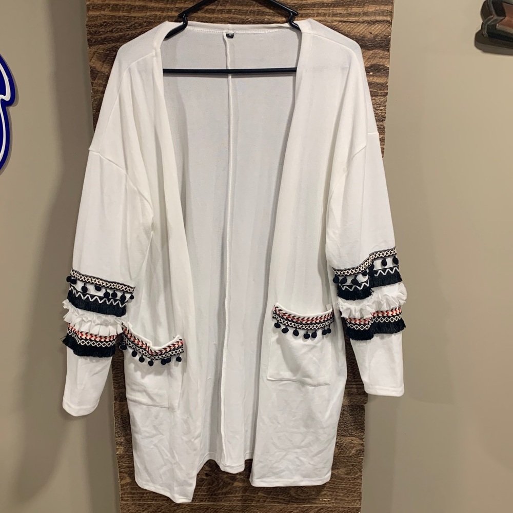 White Fringe/Ruffle Sleeve Cardigan